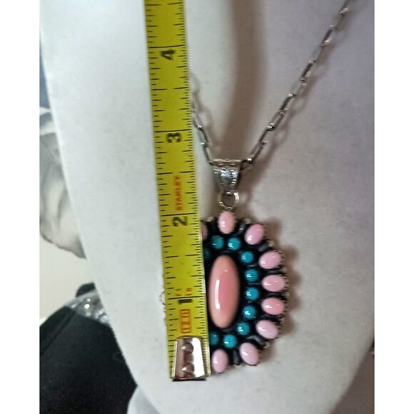 Huge 2.5" Long Handmade Sterling Silver Pink Conch Snake Eye Turquoise Cluster M - Picture 4 of 8